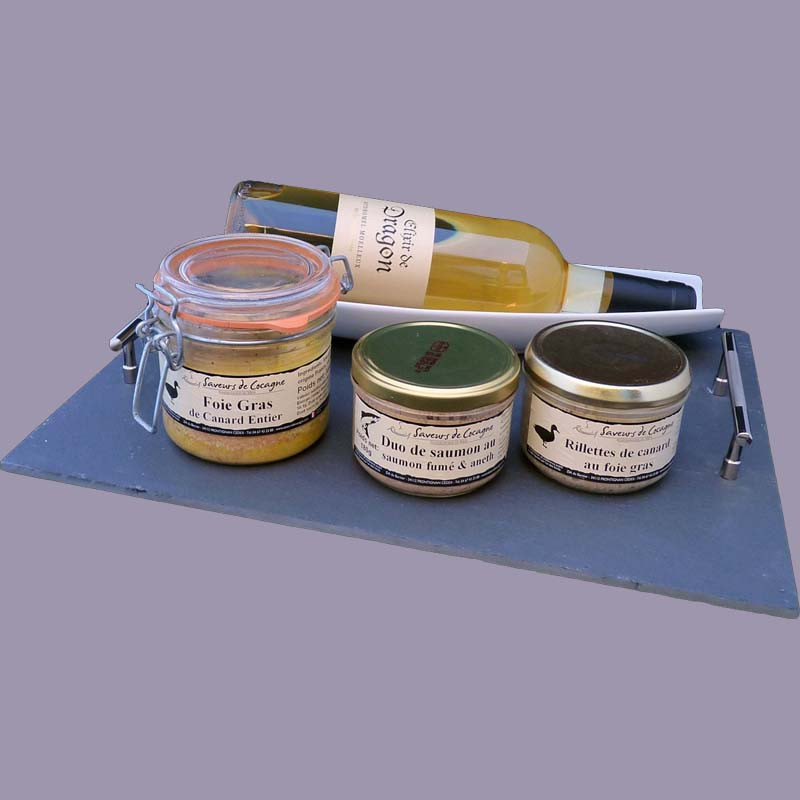 Foie gras, salmon and liquor platter